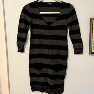Women's Express Black and Grey Striped Dress with 3/4 Sleeves